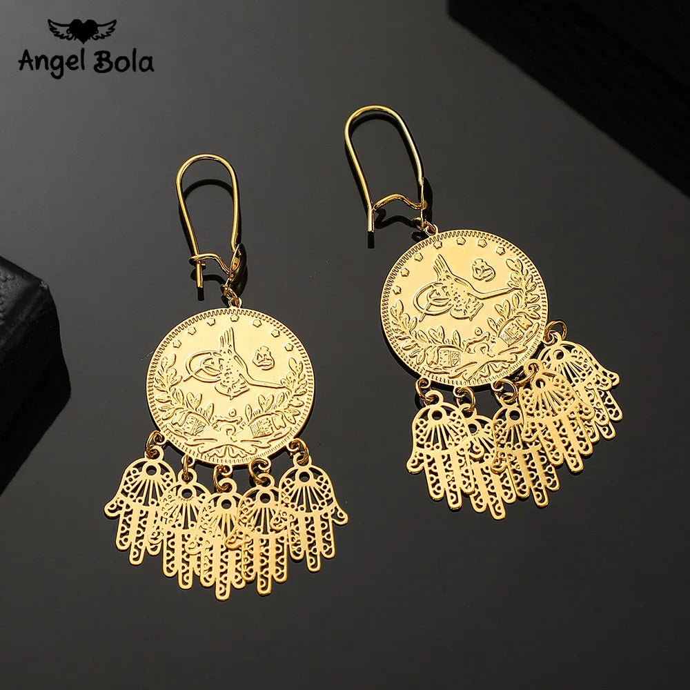 Gold Color Muslim Islamic Allah Coin Earrings for Women/Girls Iran Persian Turkish Jewelry Drop Earring Arab Coins Middle East