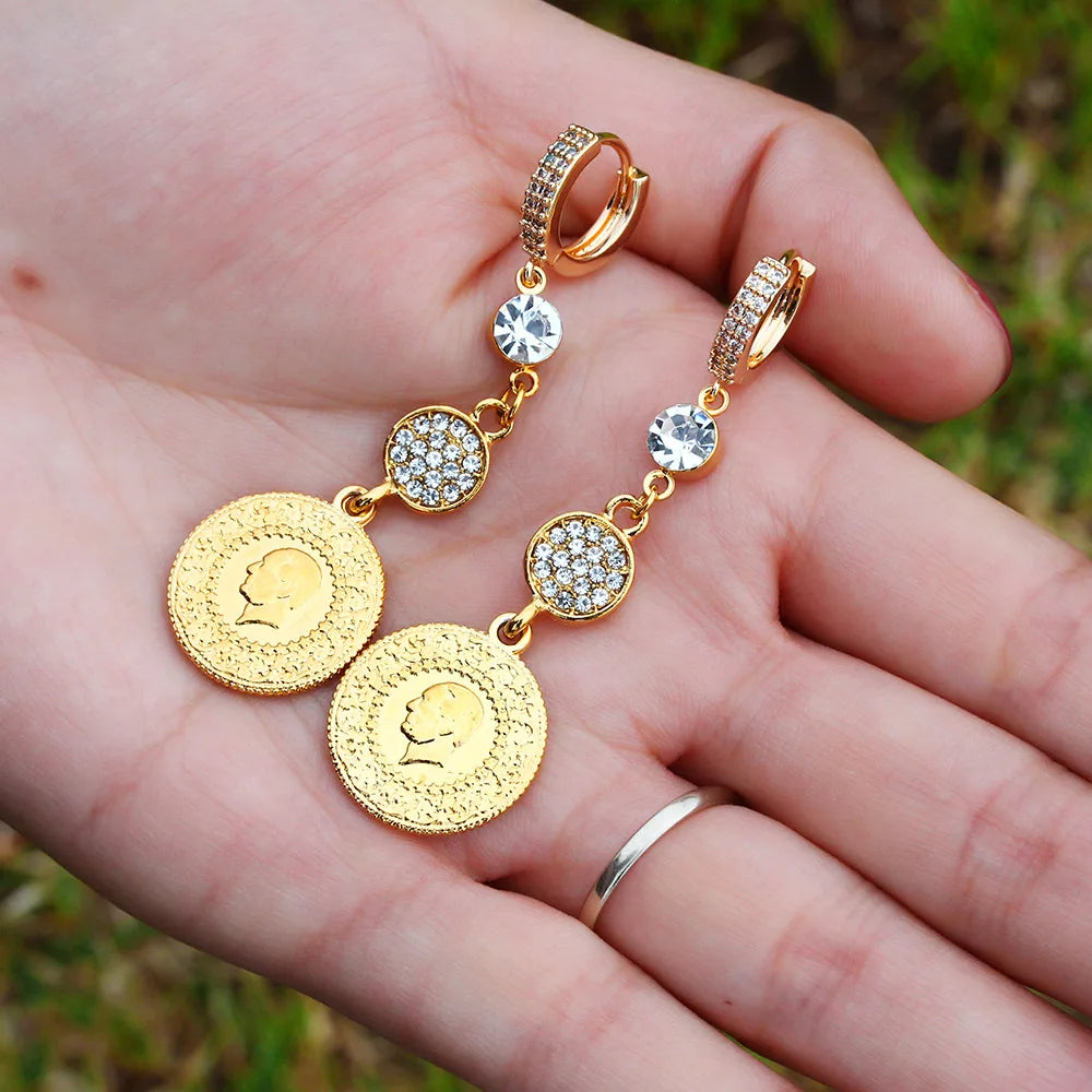 Gold Color Muslim Islamic Allah Coin Earrings for Women/Girls Iran Persian Turkish Jewelry Drop Earring Arab Coins Middle East