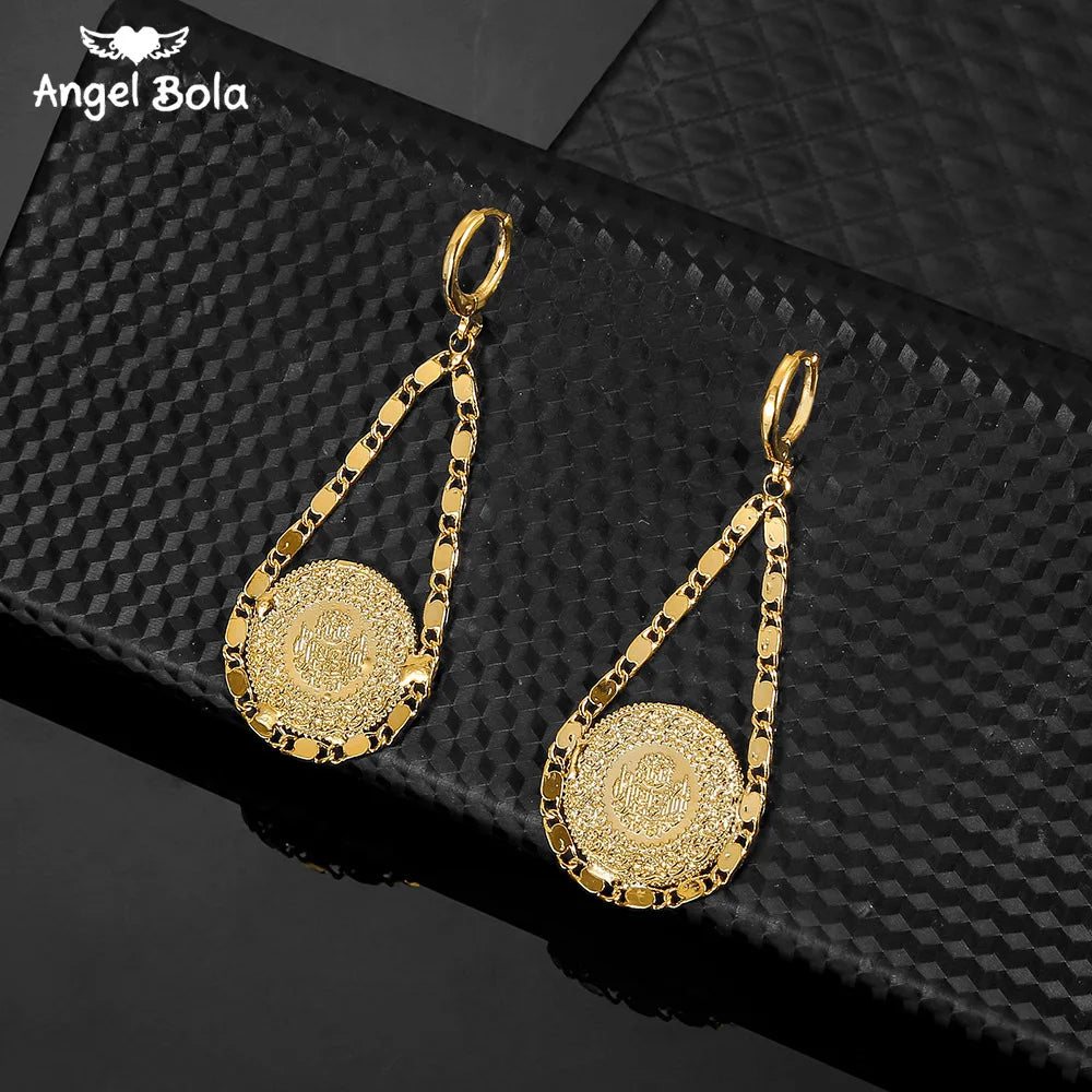 Gold Color Muslim Islamic Allah Coin Earrings for Women/Girls Iran Persian Turkish Jewelry Drop Earring Arab Coins Middle East