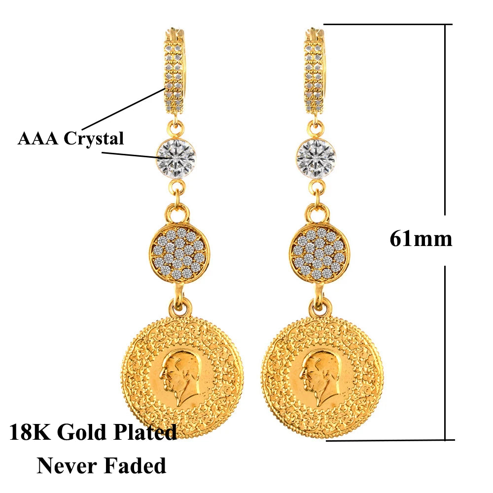 Gold Color Muslim Islamic Allah Coin Earrings for Women/Girls Iran Persian Turkish Jewelry Drop Earring Arab Coins Middle East