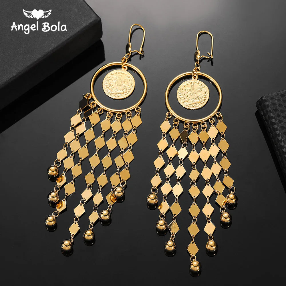 Gold Color Muslim Islamic Allah Coin Earrings for Women/Girls Iran Persian Turkish Jewelry Drop Earring Arab Coins Middle East