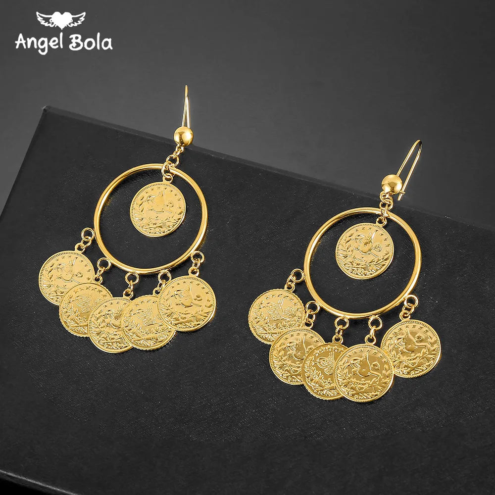 Gold Color Muslim Islamic Allah Coin Earrings for Women/Girls Iran Persian Turkish Jewelry Drop Earring Arab Coins Middle East