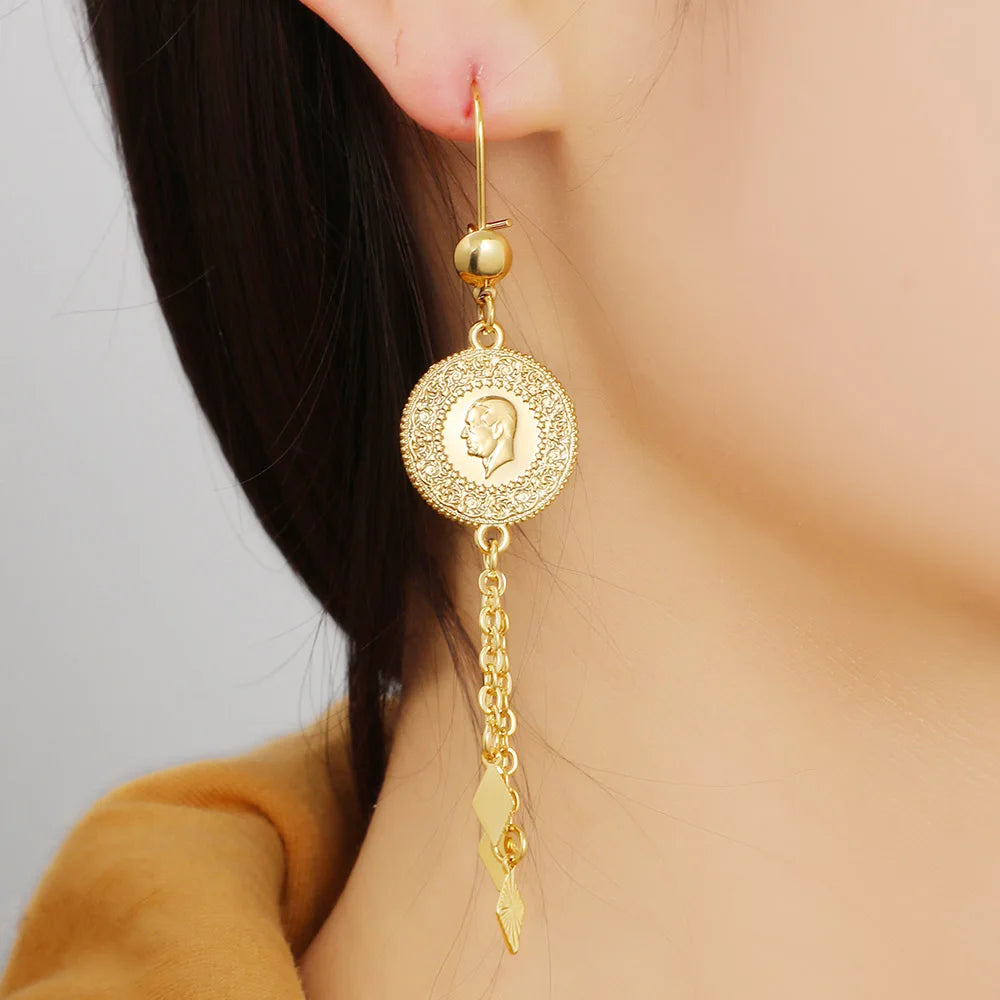 Gold Color Muslim Islamic Allah Coin Earrings for Women/Girls Iran Persian Turkish Jewelry Drop Earring Arab Coins Middle East