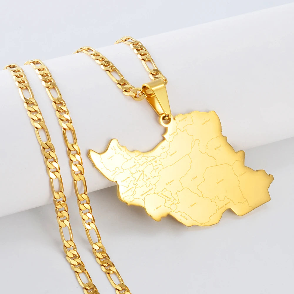 Anniyo Iran Map With Cities Name Pendant Necklaces for Men Women Unisex Iranian Jewelry #321001