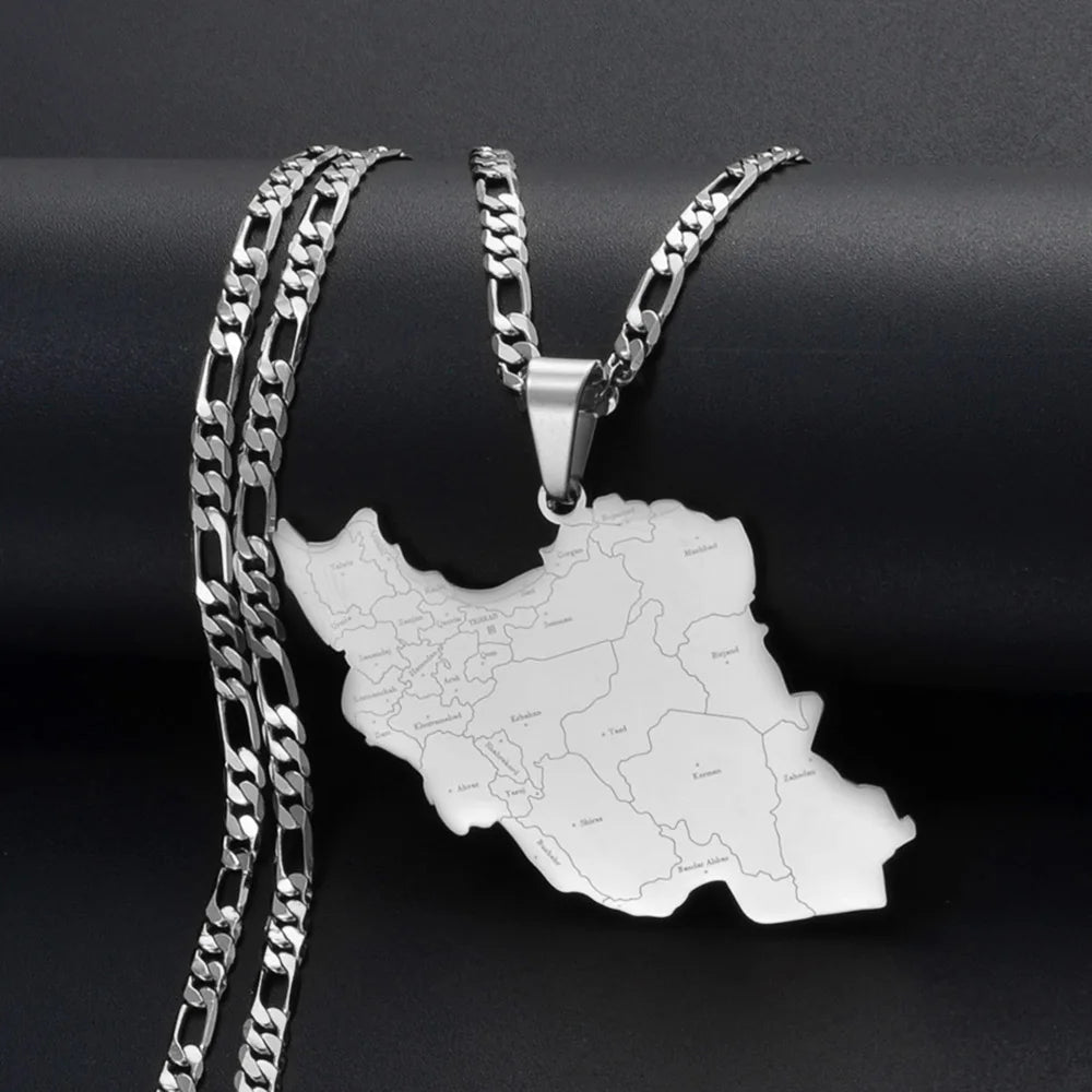 Anniyo Iran Map With Cities Name Pendant Necklaces for Men Women Unisex Iranian Jewelry #321001