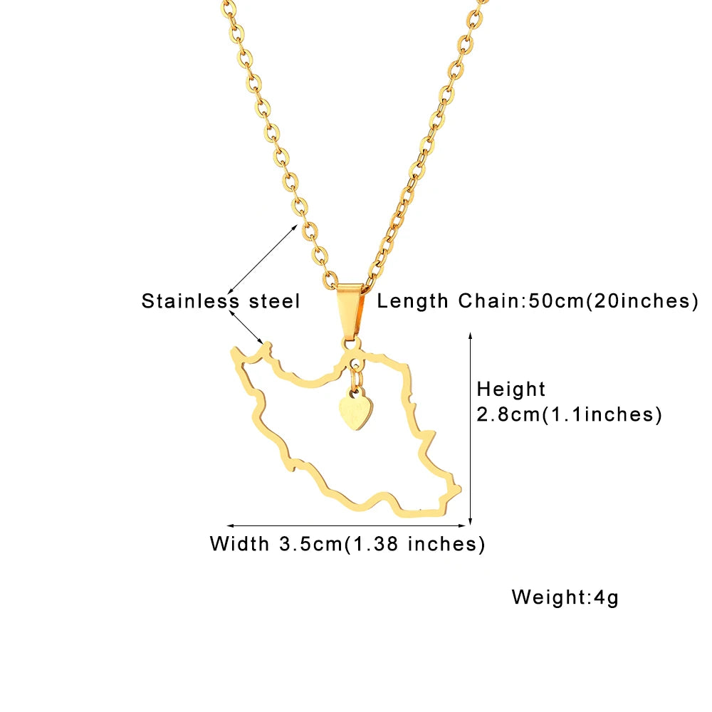 Fashion Heart Iran Map Pendant Necklace For Women Men Gold Silver Color Stainless Steel Iranian Charm Jewelry Patriotic Gift