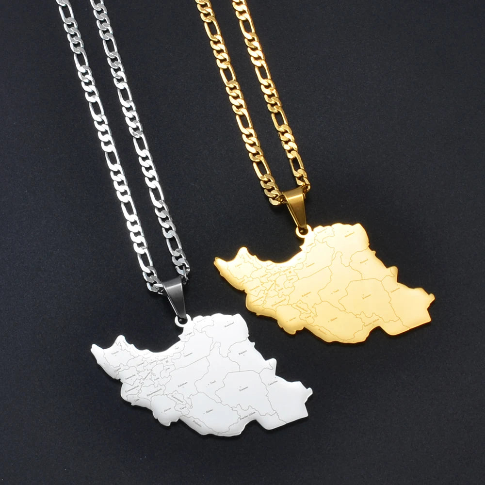 Anniyo Iran Map With Cities Name Pendant Necklaces for Men Women Unisex Iranian Jewelry #321001