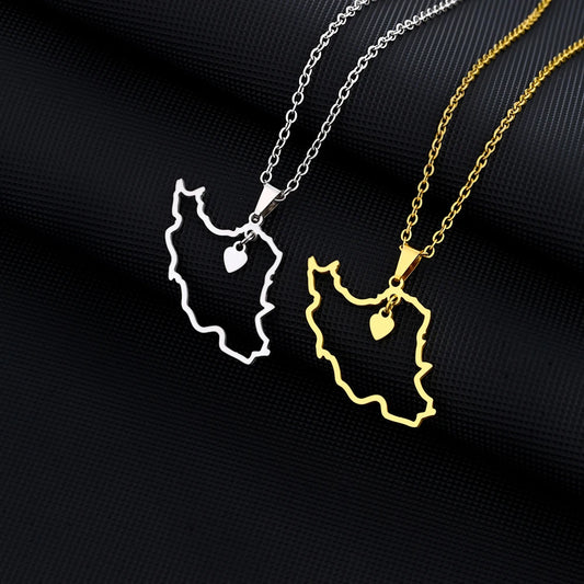 Fashion Heart Iran Map Pendant Necklace For Women Men Gold Silver Color Stainless Steel Iranian Charm Jewelry Patriotic Gift