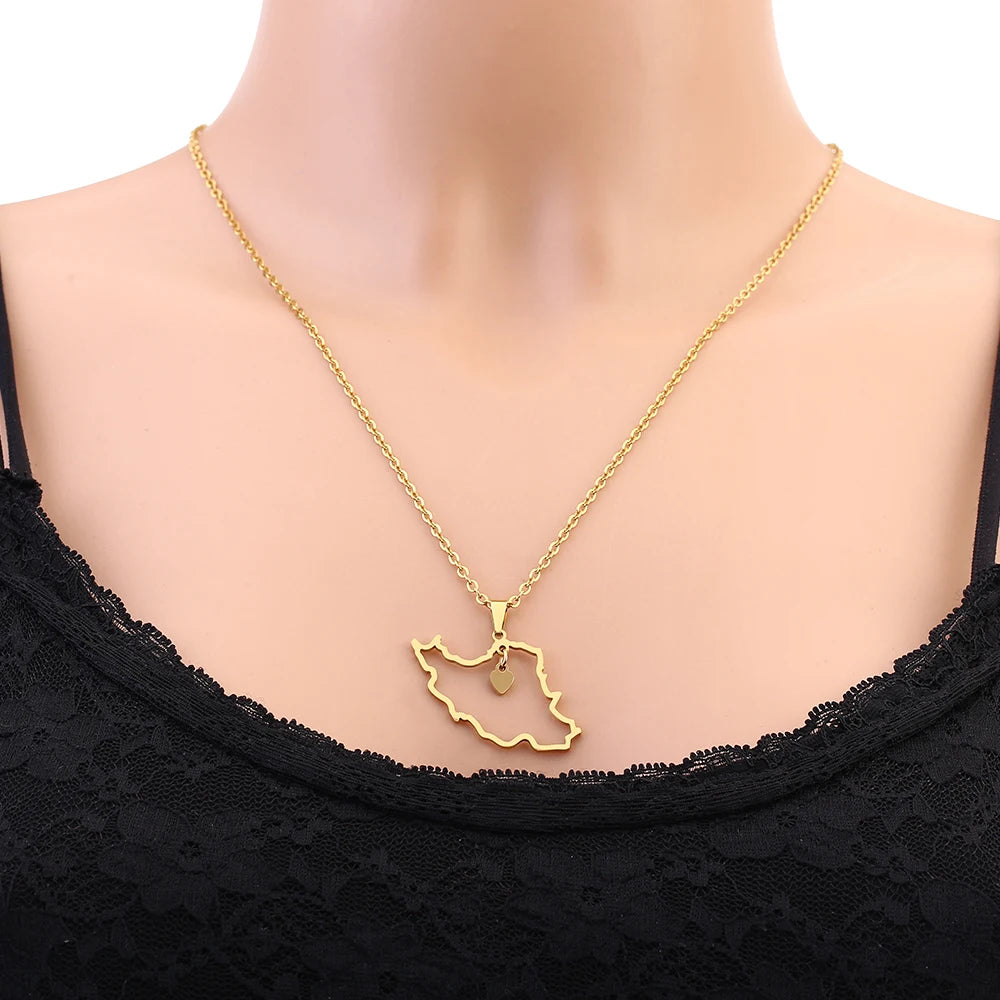 Fashion Heart Iran Map Pendant Necklace For Women Men Gold Silver Color Stainless Steel Iranian Charm Jewelry Patriotic Gift