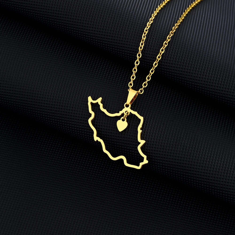 Fashion Heart Iran Map Pendant Necklace For Women Men Gold Silver Color Stainless Steel Iranian Charm Jewelry Patriotic Gift