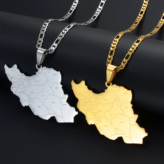 Anniyo Iran Map With Cities Name Pendant Necklaces for Men Women Unisex Iranian Jewelry #321001