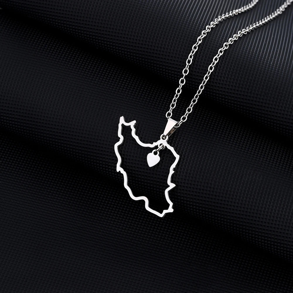 Fashion Heart Iran Map Pendant Necklace For Women Men Gold Silver Color Stainless Steel Iranian Charm Jewelry Patriotic Gift