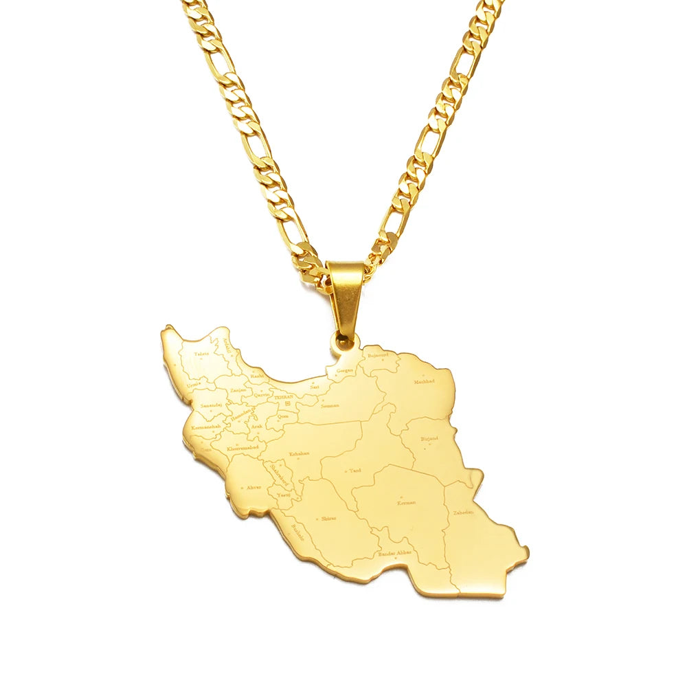 Anniyo Iran Map With Cities Name Pendant Necklaces for Men Women Unisex Iranian Jewelry #321001